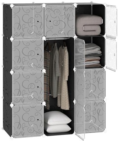 HOMCOM Portable Wardrobe for Bedroom, 12 Cube Closet with 2 Hanging Rails, Modular Storage Cabinet, Plastic Armoire for Space Saving, White and Black