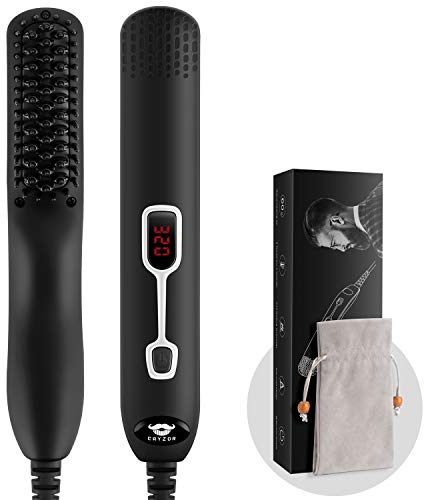 Cayzor Beard Straightener Comb for Men - Upgraded Professional Electric Mens Beard Straightening Heated Brush Portable Anti-Scald 5 Adjustable Temperatures & LCD Display with Carrying Bag