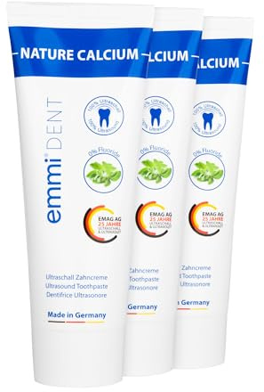 emmi-dent Nature Calcium Zahncreme 3er Set (3 x 75 ml) I Ultraschall-Zahnpasta mit Calcium I Fluoridfreie Remineralisierung I Vegane Zahnpasta ohne Titandioxid I Vorrat für ca. 6 Monate