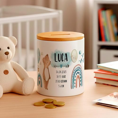 Bär Geburts-Daten Kinder-Spardose für Jungen mit Namen personalisiert zur Einschulung Taufe Geburtstag Geburt Sparschwein Geldgeschenk Kinderspardose