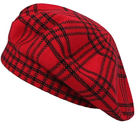 ZLYC Damen Winter Baskenmütze Französische Barett Doppelschicht Warm Beret (Kariertes Rot)