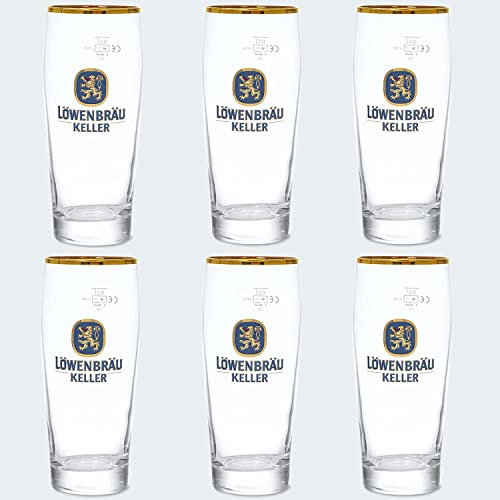 Zum Franziskaner LÖWENBRÄU | Das Original | Bierglas Hell 0,5 Liter mit Goldrand | Edition LÖWENBRÄUKELLER | im Set aus 6 Stück | Oktoberfest München Biergarten Volkfest Tradition Geschenk