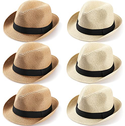 Jadive 6 Stück Stroh-Fedora-Hüte, Panamahut, verstaubar, Kurze Krempe, Trilby, Sonne, Sommerhüte für Damen und Herren, Strand, Urlaub, cremeweiß und Khaki (Strohstil), Cremeweiß und Khaki,