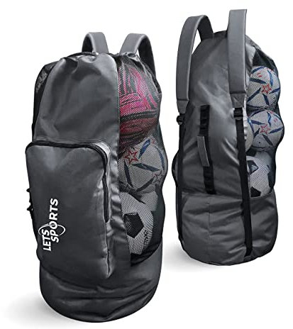 LETS Sports Soccer Ball Bag for Basketball, Volleyball & Football | Large Drawstring Ball Bags Mesh | Heavy-Duty Soccer Ball Bags for Coaches | Equipment Bag w/Shoulder Strap | 37 x 17 - Grey Black