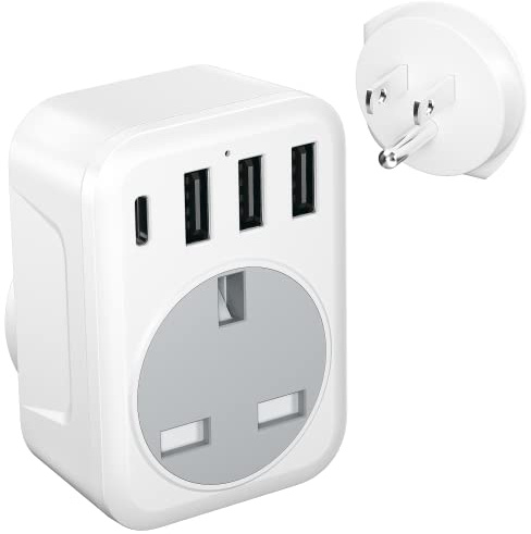 FSTravelP UK to US Plug Adapter with 4 USB Ports US Travel Adapter with 3 USB A & Type C Wall Plug USA Plug Adaptor UK to USA Travel Plug Trip to US Canada Mexico Thailand and More(Type B)