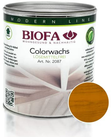 BIOFA Colorwachs lösemittelfrei farbig natürliche Holz-Wachs-Lasur mit Carnaubawachs für Holzdecken, Möbel, Spielzeug Teak 0,375L