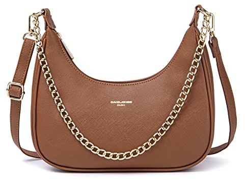 David Jones - Damen Kleine Umhängetasche - Frau Kette Schultertasche PU Leder - Handtasche Kettenhenkel Crossbody Bag - Trendy Tasche Mode Abendtasche Kettentasche Pochette Clutch Party - Braun Cognac