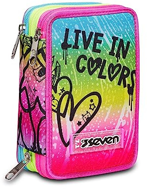 Seven Federmäppchen Kinder, Mäppchen Mädchen mit Inhalt, Federtasche Schule 3 Fächer, Schüleretui, groß mit Blei- und Filzstiften, grün/rosa