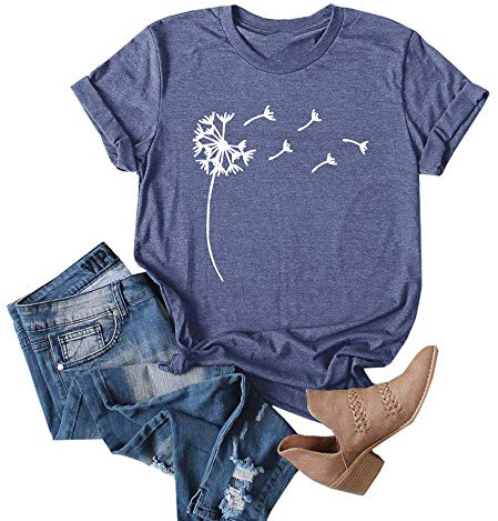 Cicy Bell Camiseta de Diente de León para Mujer Cuello Redondo Diente de León Estampado Tops Verano Manga Corta Tops Blusas Camisetas