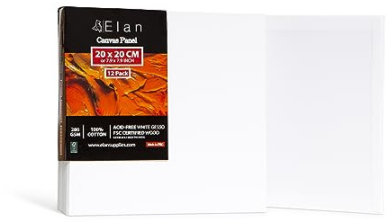 Elan kanvaspaneler i bomull för målning 20x20 cm, 12-pack målardukar | Trippelgrundad kanvaspanel 280 g/m², syrafri, av 100 % naturlig bomull, 3 mm tjock, för akryl- och gouachemålning