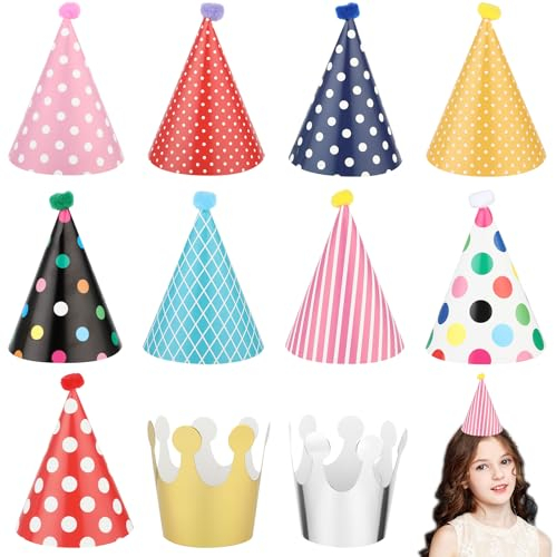 Lot de 11 Chapeaux de Fête d'Anniversaire pour Enfants avec Pompons, Cone, Sifflet - Décoration d'Anniversaire