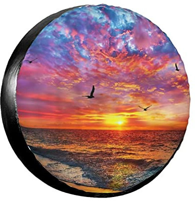 Reifenschutzhülle Strand Möwe Küste Sonnenuntergang Meereswellen Blauer Himmel Küstensonnenstrahlen Wetterfest Auto Reifen Taschen Wasserdicht Ersatzradabdeckungen Für Trailer Truck 16inch