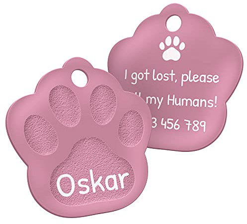 ENGRAVO Hundemarke mit Gravur in Pink 33mm | Pfote Halsbandanhänger personalisiert | Namensschild für Halsband | Anhänger Marke für Hunde, Welpen & Katzen | Dog Tag mit Wunschgravur