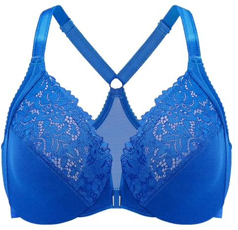 DELIMIRA Women's Front Fastening Bra Racer Back Lace Plus Size Non Padded Underwired Sparkle Blue 38B