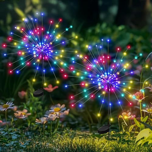 Yomistar Gartendeko Solarleuchten für Außen, 2 Stück 150 LED Solarlichter Pusteblume, 8 Modi Solarstecker Gartenbeleuchtung Wetterfest Solarlampen Feuerwerk für Garten Terrasse Blumenkästen Deko
