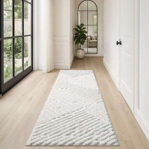 payé Tapis de couloir, 80 x 300 cm, à poils longs, bohème, crème, pastel, uni, motif moderne à rayures, scandinave, moelleux, doux, chambre à coucher