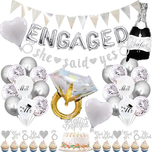 Engagement Decorations, Silver ENGAGED Balloons Banner She Said Yes Banner Triangle Bunting Garland Diamond Ring Foil Balloon Cake Toppers Printed Balloons for Wedding Engagement Party Bridal Shower