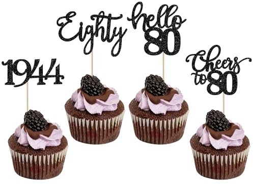 SYKYCTCY 24 Pack 1946 Birthday Cupcake Toppers Eighty Hello 80 Cupcake Picks Cheers to 80 Cake Decorations for 80th Birthday Party Anniversary Party Supplies Black