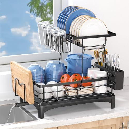 Kitstorack Dish Drainer Rack, 2-Tier Detachable Dish Drying Rack with Drip Tray, Swivel Drainage Spout, Cup holder, Utensil & Cutting Board Rack, Dish Rack for Kitchen Counter and Sink, Large