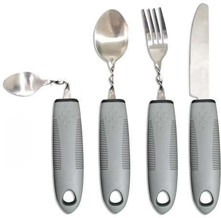 Besteck fuer Parkinson Senioren Behinderte - Hilfsmittel Set mit Loeffel Messer Gabel für Linkshaender, Löffel Gebogen Verdickt Griff fuer Kinder Arthrose Rheuma Behinderten Menschen丨Grau