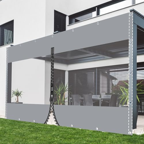 TMGJShd Transparent Tarpaulin - Heavy Duty Waterproof PVC Sheet, 2mx3.8m Gray+Clear Tarp with Eyelets and Zipper, 0.5mm Thick, Dust Proof for Garden, Garage, Gazebo, Terrace, and Outdoor Use.