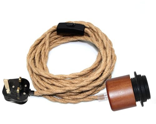 Hemp Rope Plug in Pendant Light, 5M Lamp Cable with Switch, E27 Lamp Holder, Plug in Hemp Rope Light Fitting, Plug in Ceiling Light, Hanging Light Cord for Indoor Creativity, Rural Lighting Fixture