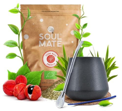 Kit Yerba Maté – Soul Mate Orgánica Energia 500g, Calebasse en Céramique, Bombilla en Acier Inoxydable, Accessoires Inclus (Sous-Verre & Brosse de Nettoyage)