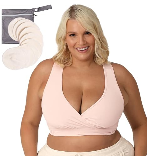 Kindred Bravely French Terry Racerback Nursing Sleep Bra (Soft Pink, X-Large-Busty) & Organic Washable Breast Pads Bundle