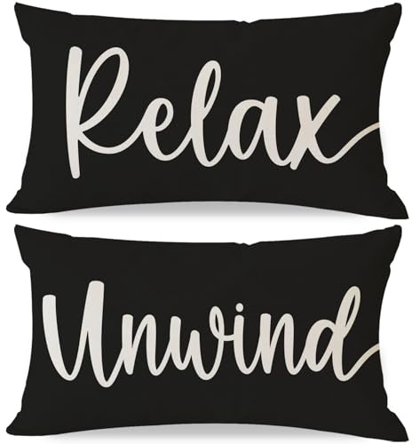 HERHOME Decorative Throw Pillow Covers 12x20 Inch Set of 2 Relax Unwind Black White Outdoor Farmhouse Front Porch Patio Decor Lumbar Cushion Case Decoration for Home Sofa Couch Living Room