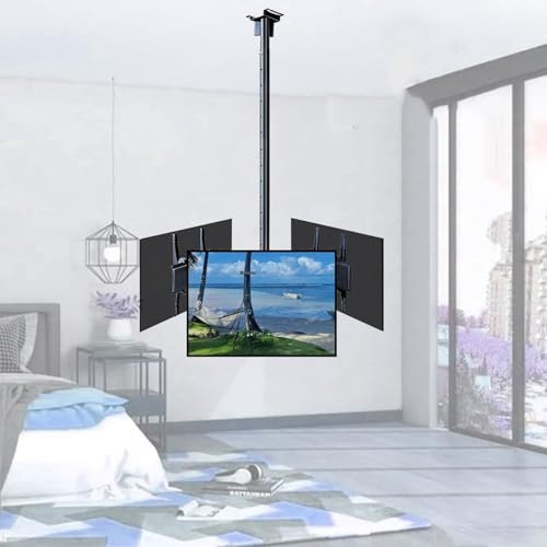 GUODDM Support TV De Plafond Triple Face, Support TV Mural pour Télévision Plat Et Incurvé LCD LED, Télescopique, Inclinable Et Pivotant À Hauteur Réglable, Support Suspendu À 3 Écrans