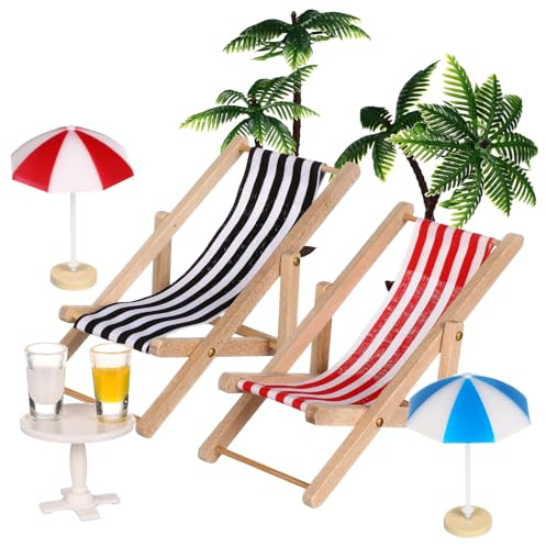 HEMOBLLO Miniatur Strand Deko Set Mit Resin LiegestüHlen Runden Tisch Und Sonnenschirm FüR Puppenhaus Garten Dekoration Wasserdicht Und Langlebig