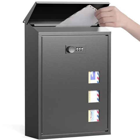 Post Boxes Wall Mounted Waterproof, Modern Delivery Letter Box for Outside Wall with Combination Lock, Viewing Windows, Rain Cover, Steel Mail Box, Lockable Large Letterbox, 40x25x10cm Black