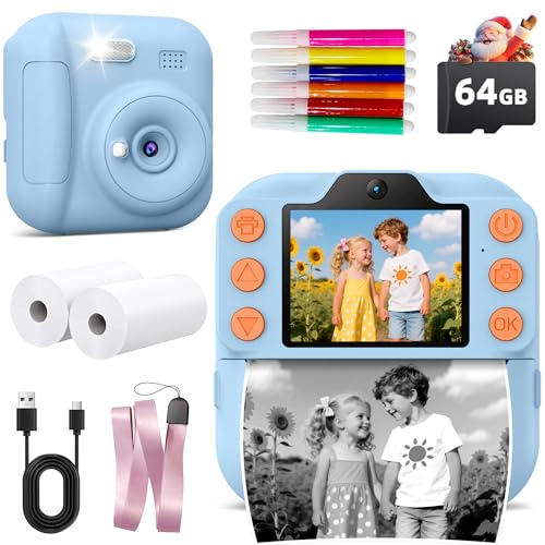 Kids Camera Instant Print, Toddler Toys Christmas Birthday Gifts for Girls Boys, Portable Digital Camera 64GB SD Card, Kid Toy for Ages 3-12 Girl Xmas Gift for 3 4 5 6 7 8 9 10 Year Old, Pink (Blue)