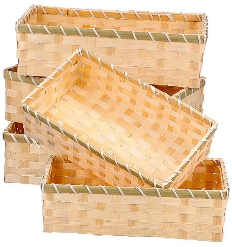 OUNONA Handmade Bamboo Organizer Basket Set 5pcs, Woven Bamboo Storage Basket for Fruits and Sundries, Square 26×16×8cm Multi-function Container for Kitchen and Home