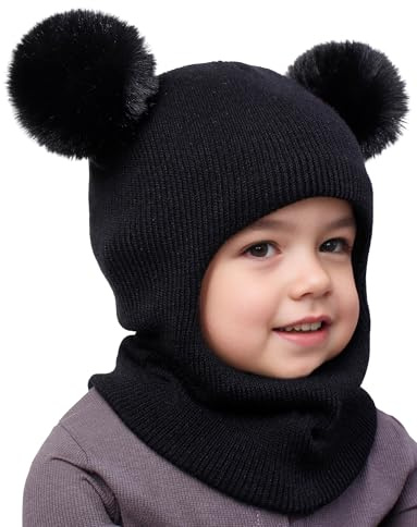 Maeau Mütze Winter Beanie für Kinder Mädchen Jungen 6 Monate-10 Jahre Baby Wintermütze Schlupfmütze Gestrickt mit 2 Bommel Kleinkind 2 in 1 Sturmhaube und Loop Schal Schalmütze Strickmütze Herbst
