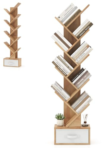 HOMASIS Bücherregal mit Schublade, Standregal in Baumform, Holzregal mit 8 Ebenen, schmal Aufbewahrungsregal für Bücher CD DVD, Organizer für Schlafzimmer, Wohnzimmer & Büro, 38x20x149,5cm (Natur)