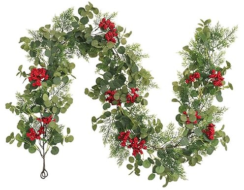 Weihnachtsgirlande 2m Girlande Weihnachten Kieferngirlande Tannengirlande Künstlich wie echt, Grüne Kiefer Eukalyptus Rote Beeren Girlande Tannengrün, Christmas Garland Treppen Outdoor Deko