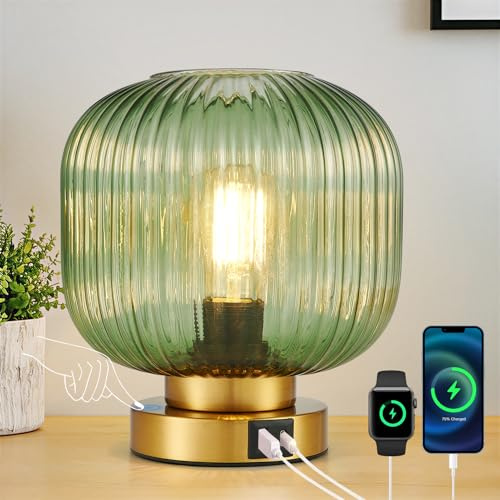 HARPER LIVING Table Lamp with USB-C & USB-A Charging Ports, Touch Control Dimmable Desk Lamp, Green Glass Shade & Brass Base Bedside Light for Bedroom Office Study, E27 Cap Type No Bulb