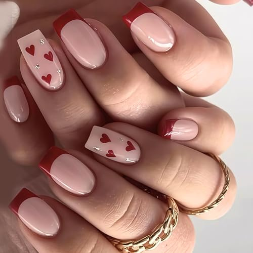 Red French Tip False Nails - Short Square Fake Nails with Red Hearts Design - 24Pcs Short False Nails with Glue - Removable Glossy Acrylic Stick on Nails for Women Valentine's day