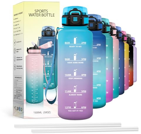 JAPORIA Botella 1.5L, Cantimplora Deportiva con Pajita, Reutilizable, Fácil Llenado, Ligera, para Guardería, Escuela, Adultos, Reuniones