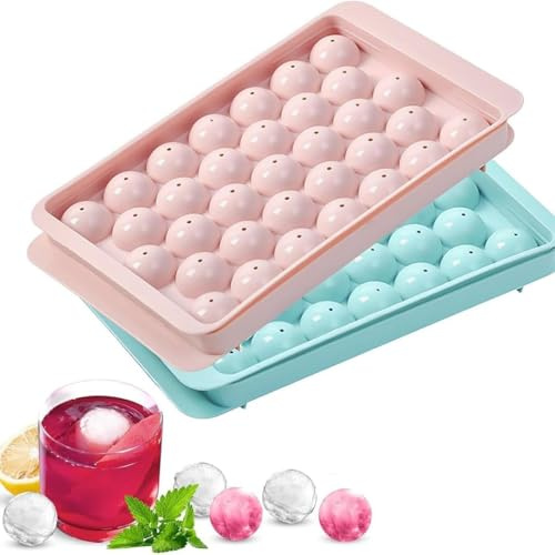 2 Pack Round Ice Cube Tray, 33-Cell Silicone Ball Ice Cube Moulds,Reusable Mini Sphere ICES Cubes Tray,Easy to Remove ICES Ball Maker for Water,Whiskey,Cocktails,Beverages,Tea,Coffee(Blue+Pink)