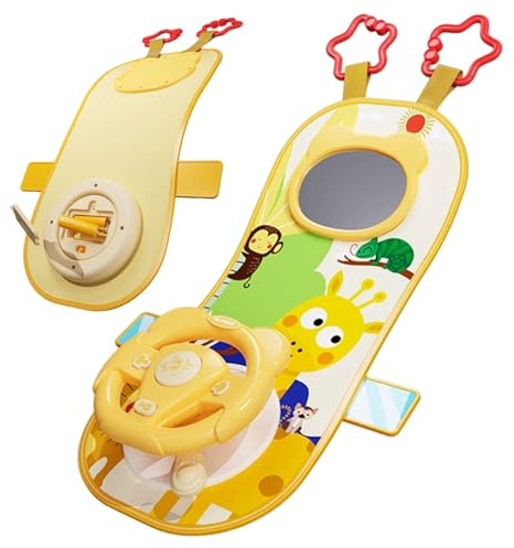 Rear Facing Car Seat Toys, 360° Rotation Baby Steering Wheel Toy with Mirror, Music, Lights and Driving Sounds, 12 Months+ Kids Steering Wheel for Car Backseat, Holiday Statues