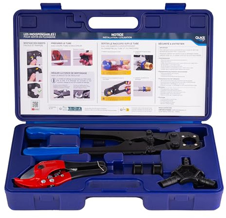 QUICK PLOMBERIE Kit Prensado Tuberías Multicapa — Prensa + Cortatubos + Desbarbador/Calibrador + 2 Insertos TH 16/20mm | Herramienta Fontanería Profesional