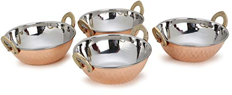 Zap Impex - Lot de 4 bols Karahi en cuivre et acier inoxydable martelé pour plats indiens et recettes de curry (13 cm) - argenté - 1211