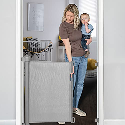 YOOFOR Treppenschutzgitter Ausziehbare für Baby und Haustier, 0-140 cm, 85 cm Hoch Baby Absperrgitter Treppenschutzrollo, Geräuschlose, Einhändig Bedienbar, Geeignet für Treppen/Türen/Flure Grau