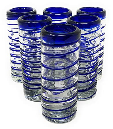 Dos Sueños Hand Blown Mexican Tequila Shot Glasses – Set of 6 Blue Spiral Tequila Shot Glasses (2 oz each) …