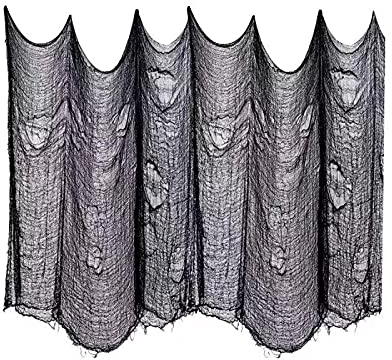 Halloween Deko Horror Stoff,200 X 100 cm Schwarzer Stoff Horror deko,mit 60 g Spinnenbaumwolle,20 Spinnen,24 Fledermäuse,10 Hüte,Stoff Schwarz Meterware Gaze Tuch Halloween Dekor für Spukhäuser Party