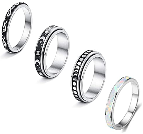 Corato Unisex Drehbar Spinner Ring 4PCS Silber Edelstahl Verlobung Ring für Herren Damen Schlicht Blau Opal Frauen Ring Größe 57(18.1)
