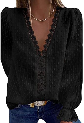 Bipily Chemisier Femme Dentelle Décontracté Col V Élégant Couleur Unie Vintage Manches Longues Casual Dentelle Blouse(Noir,S)