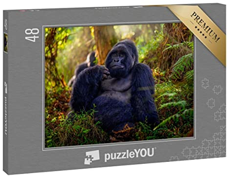 puzzleYOU: Puzzle 48 Teile „Berg-Gorilla, Nahaufnahme des großen Silberrückens im Wald“